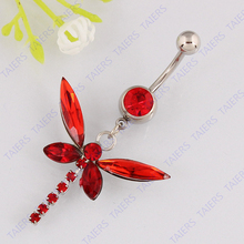 Body piercing red Dragonfly belly button ring Navel jewelry belly bar 14G 316L surgical steel bar Free shipping Nickel-free 2024 - buy cheap