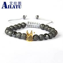 Ailatu Black Cz Crown Charm Men Macrame Bracelet Wholesale 8mm Faceted Matte Hematite Stone Beads Jewelry 2024 - buy cheap
