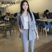 BLLOCUE Work Pant Suits OL 2 Piece Set for Women Double Breasted Blazer and Straight Atriped Pants Office Lady Suit 4 Colour 2024 - buy cheap