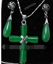 Бесплатная доставка, красивый камень зеленый нефрит, крест, удача, ожерелье, серьги, набор 2024 - купить недорого