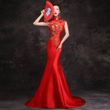 Traditional Trailing Women Qipao Mandarin Collar Sleeveless Cheongsam Mermaid Slim Vestidos Bride Wedding Party Dress Size S-XXL 2024 - buy cheap