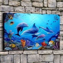 Imagens de lona decoração da casa 1 peça, golfinho do oceano azul, pintura estampas subaquáticas, peixes, coral, vegetais, pôster, arte de parede do quarto 2024 - compre barato