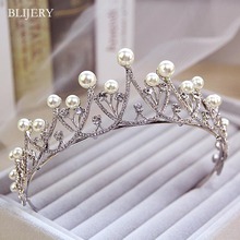 BLIJERY элегантный имитирующий жемчужный кристалл Корона Свадебные аксессуары для волос для женщин Свадебные тиара на торжество Quinceanera тиары и короны 2024 - купить недорого