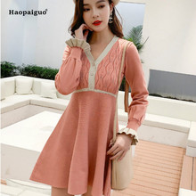 Solid Women A-line Dress 2019 Spring Pink Black Full Sleeve V-neck Casual Office Lady Knitted Short Dress Elegant Work Elbise 2024 - buy cheap