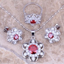 Charmoso conjunto de joias banhadas a prata cz branco rosê vermelho, conjunto de brincos, pingente para anel tamanho 6 / 7 / 8 / 9 / 10 s0168 2024 - compre barato