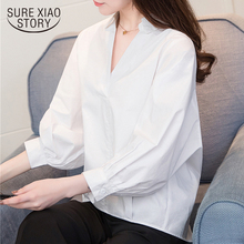Nova blusa feminina branca 2021, manga longa, tops e blusas de algodão, tops femininos para outono com gola v, 0863, 40 2024 - compre barato