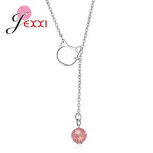 Trendy Korea Stretched Design Cute Cat 925 Sterling Silver  Women Pendant Necklace With Pink/Gray Crystals Ball Collar 2024 - buy cheap