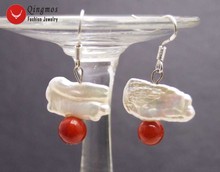 Qingmos 12-15mm White Freshwater Natural Biwa Pearl Earrings for Women with 6mm Round Red Coral Dangle Hook Earring 444 2024 - buy cheap