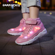 Высокие ботинки с подзарядкой через usb Размер 25-36 светящиеся кроссовки для мальчиков и девочек обувь кроссовки с подсветкой для мальчиков и девочек светодио дный световой зимняя обувь 2024 - купить недорого