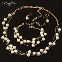 Jewelry Sets for Women Fashion Simulated Pearl Choker Necklace Earrings and Bracelet Set Gold Multilayer Wedding Jewelry Bijoux 2024 - buy cheap