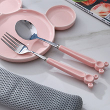 Stainless Steel Dinnerware Set Ceramic Long Handle Fork Blue Children Solid Scoop Pink Cute Cartoon Tableware 2pcs/set 2024 - buy cheap