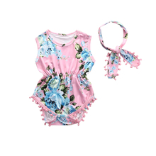 Милый хлопковый комбинезон без рукавов с цветочным рисунком для новорожденных девочек; комбинезон; пляжный костюм + повязка на голову 2024 - купить недорого