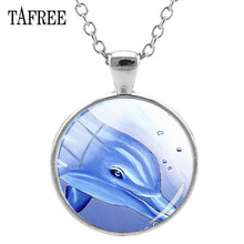 TAFREE Silver Color Beautiful Big Fish Blue Dolphins Pendants Necklace Glass Cabochon Animal Jewelry For Women Accessories ZZ151 2024 - buy cheap