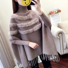 High-Neck Cloak Pullover Sweater Women Loose Long Bat Sleeve Rabbit Fur Cloak Poncho Coat Autumn New Tassel Sweaters Female 2024 - buy cheap