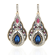 Classic Turkish Women Blue Resin Flower Long Hook Dangle Earrings Antique Gold Color Arabesque Ethnic Drop Glass Earring Bijoux 2024 - buy cheap