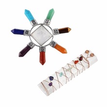 Kit de cristales curativos, 7 puntos de piedra de Chakra generador de energía de pirámide, 7 Cuentas de Chakra Barra de selenita Reiki equilibrio meditación Set 2024 - compra barato