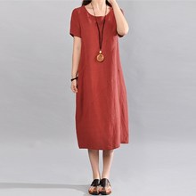 2019 New Summer Women Cotton Linen Casual Dress Casual Solid Color Round Neck Loose Dress Short Sleeve Vintage Dress 2024 - buy cheap