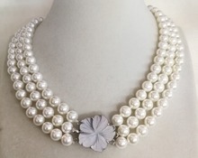 Woman jewelry 3 Rows necklace 10mm White natural Shell pearl AAA round ball beads flower shell clasp 2024 - buy cheap