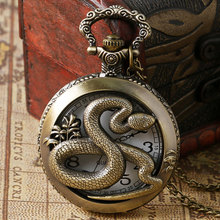 Bronze Vintage Hollow Chinese Zodiac Snake Deep Quartz Pocket Watch Necklace Pendant Gift For Child 2024 - buy cheap