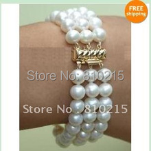 Impresionante 3 Rows AAA 7 - 8 MM ronda talladora del Color blanco genuino perlas de agua dulce pulsera de la perla del nuevo envío gratis 2024 - compra barato