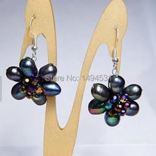 Wholesale Pearl Earrings - Handmade Jewelry Black Crystal Flower Natural Freshwater Pearl Dangle Earrings,S925 Sterling Silvers 2024 - buy cheap