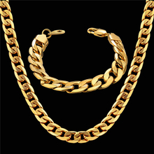 African Necklace Jewelry Set Male Vintage Gold Color or Men Chain Wholesale 12mm Wide Men's Bracelet Necklace Set Dropshipping 2024 - buy cheap