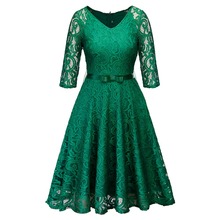 Women's Vintage V Neck Hollow Sleeve Belt Tunic Floral Lace Party Dress Evening A Line Dresses Robe Female 2024 - buy cheap