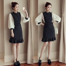 High Quality 2017 New Spring Summer Female Sweet Long Sleeve Ruffles Striped Short Dress Women Chiffon Vintage Office Dresses 2024 - buy cheap