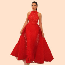 Vestidos de Noche musulmanes rojos, cuello alto, sirena, encaje de talla grande, largo, islámico de Dubái, Arabia Saudí, largo, Formal 2024 - compra barato