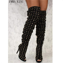 2018 New Rivets Studded Women's Thigh High Boots Peep Toe Sexy Ladies High Heels Shoes Fashion Female Over The Knee Long Botas 2024 - buy cheap