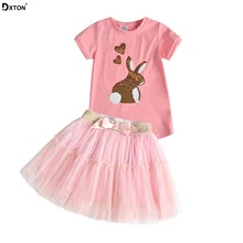 Dxton conjuntos de roupas infantis de verão, duas peças manga curta, conjunto casual para meninas, camiseta de coelho com saia tutu, 2019 2024 - compre barato