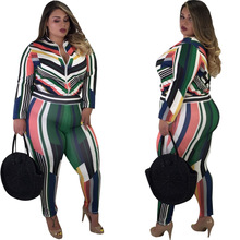 Multi Color Striped Fashion Woman Bodycon Suits Two Pieces Front Zipper Down Long Sleeve Tops Skinny Pants Set Plus Size XL 2024 - buy cheap