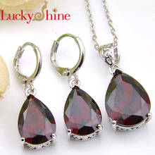 Luckyshine Holiday Gift Drop Fire Red Garnet Crystal Cubic Zirconia 925 Silver Pendants Necklaces Drop Earrings Jewelry Sets 2024 - buy cheap