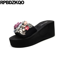 Diamond Pearl Black 5 Platform Sandals Camellia Designer Slides Women 2021 Shoes Rhinestone Soft Crystal Slippers Flower Wedge 2024 - buy cheap