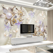 Custom wallpaper 3d mural pearl diamond flower butterfly romantic background wall papers home decor papel de parede 3d wallpaper 2024 - buy cheap