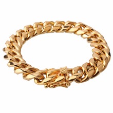 Cool Fashion Mens Gold Curb Cuban Link Chain Bracelet Clasp Simple Stainless Steel Bangles 15mm Hiphop Jewelry 7-11" 2024 - buy cheap