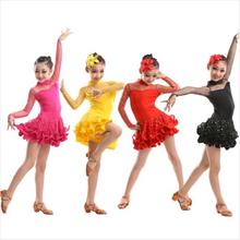 Frete grátis vestidos de dança manga longa sensual com lantejoulas rendas infantis vestidos para meninas latinos vestidos amarelo quente rosa preto vermelho salsa 2024 - compre barato