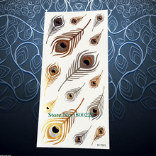 Tatuaje temporal de Henna para mujer, diseño de pluma de pavo real dorado y plateado, pegatina a prueba de agua, tatuaje falso de pluma metálica, PMT23, 1 ud. 2024 - compra barato