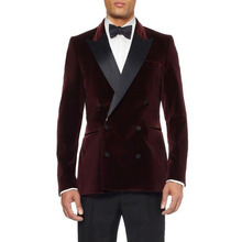 Double-Breasted Dark Red Velvet Groom Tuxedos Groomsmen Men's Wedding Prom Suits Bridegroom men suit (Jacket+Pants+bow Tie) 2024 - buy cheap