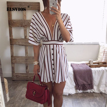 ELSVIOS Sexy Deep V Neck Backless Striped Summer Dress Women Button Batwing Sleeve Party Beach Dresses Casual Lace Up Mini Dress 2024 - buy cheap