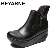 BEYARNE-Botas de nieve con plataforma para mujer, zapatos de piel auténtica con cordones, color negro, cálidos 2024 - compra barato