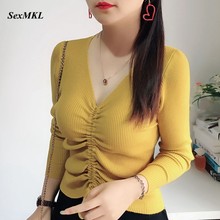 Sexmkl estilo coreano camisola feminina 2021 outono sexy v pescoço malhas pullovers senhoras blusas de malha elástica puxar femme 2024 - compre barato