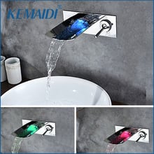 KEMAIDI Wall Mounted Bathroom Sink Faucet LED Waterfall Bath Mixer Tap Temperature Control LED Faucet Chrome Finished 2024 - buy cheap