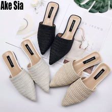 TOP Quality Weave Fashion Knitted Lady Summer Women Female Babouche Pointed Toe Half Flat Slipper Mules Slides Casual Shoes A464 2024 - buy cheap