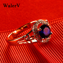 Joia personalizada walerv, anéis de cor dourada, em cristal azul escuro, flores, anel de casamento e baile para mulheres 2024 - compre barato