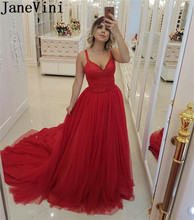 JaneVini Saudi Arabia Red Evening Dresses Long Beaded Ladies Party Gown Court Train Plus Size Tulle A Line Prom Dress Jurk Lang 2024 - buy cheap