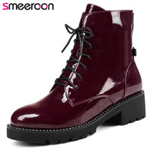 Smeeroon 2020 fashion autumn boots women round toe platform med heels ankle boots lace up high quality microfiber boots 2024 - buy cheap