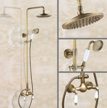 Conjunto de chuveiro duplo de cerâmica com misturador e torneira, anel de chuveiro redondo montado na parede de bronze, chuveiro de mão 2024 - compre barato
