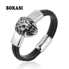 ¡Novedad! pulseras BOBASI de piel auténtica con diseño de León para hombre, pulseras de acero y titanio, pulseras y brazaletes Punk 2024 - compra barato