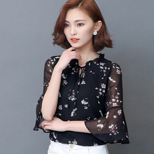 Women Blouses Summer Bowknot Short Flare Sleeve Chiffon Blouse Floral Print Top Fashion Korean Clothes Blusa Beige Black DD2287 2024 - buy cheap